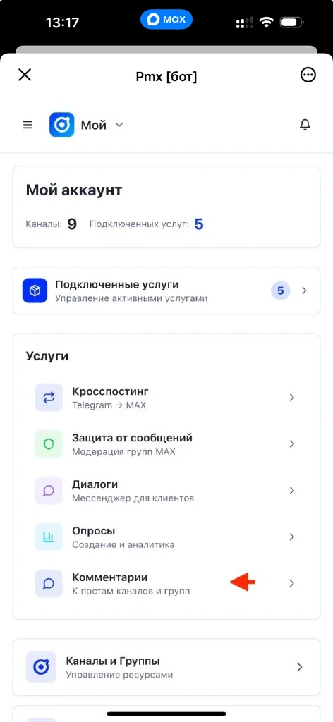 Главная страница мини-приложения с выбором услуги «Комментарии»