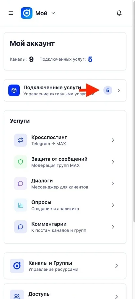 Переход в раздел «Подключенные услуги»