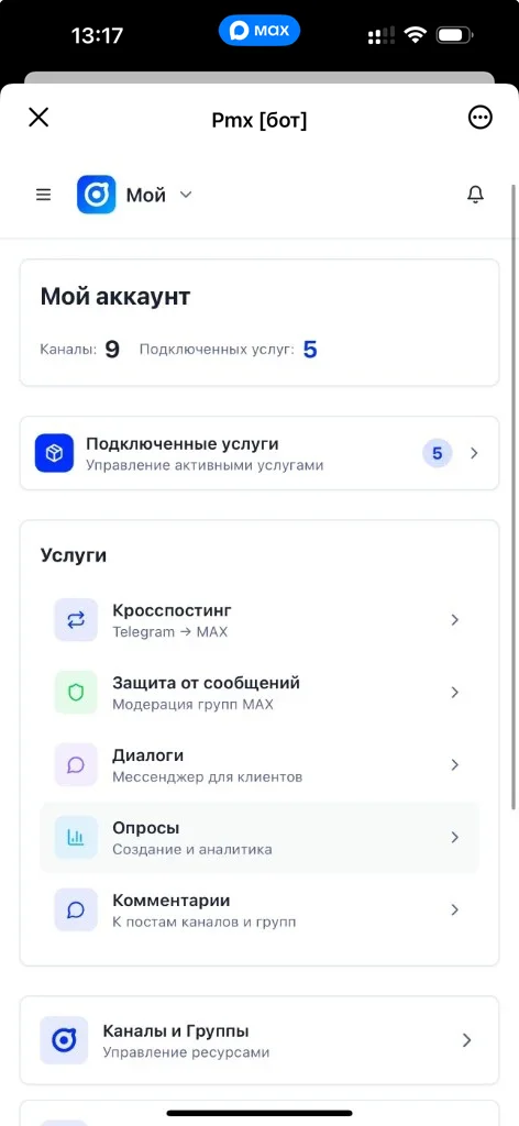 Экран «Мой аккаунт» с услугой «Кросспостинг Telegram → VK» в мини-приложении бота PMX
