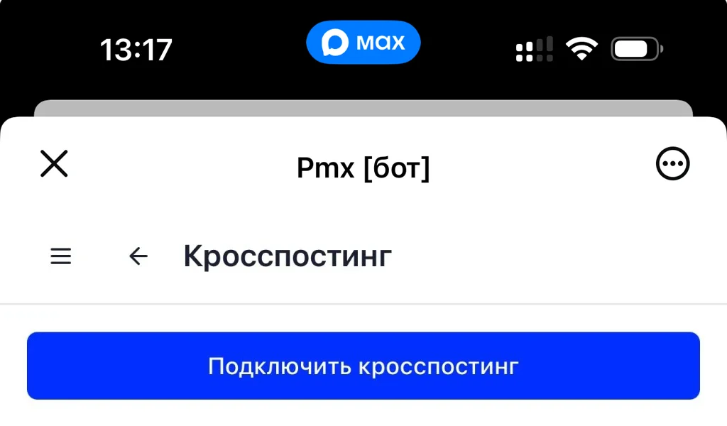 Экран «Кросспостинг» с кнопкой «Подключить кросспостинг Telegram → VK» в MAX